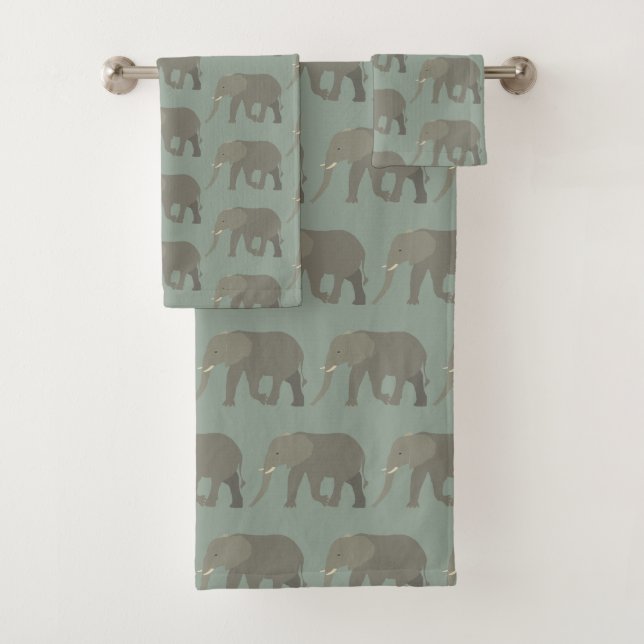 Elephant Exotic Animal Pattern Sage Green  Bath Towel Set (Insitu)