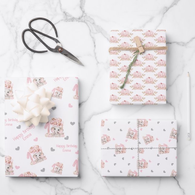 Elephant Fall 1st Birthday Girl Personalized Name Wrapping Paper Sheets (Front)