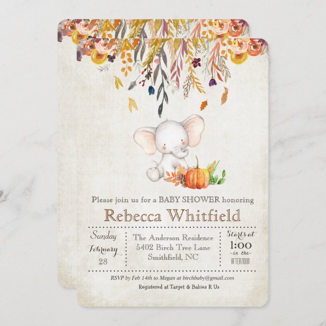 Elephant Fall Pumpkin Baby Shower Invitation (Front/Back)