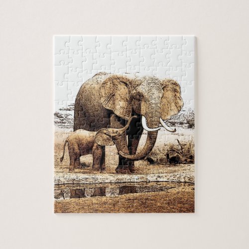 Elephant Family Illustration Animal Art Jigsaw Puzzle