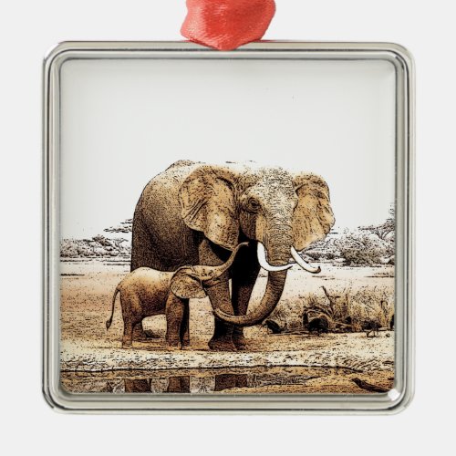 Elephant Family Metal Ornament