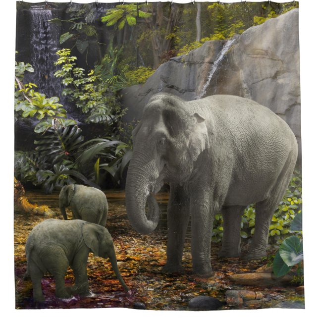 Elephant Family RAIN FOREST PARTY Shower Curtain (Front)
