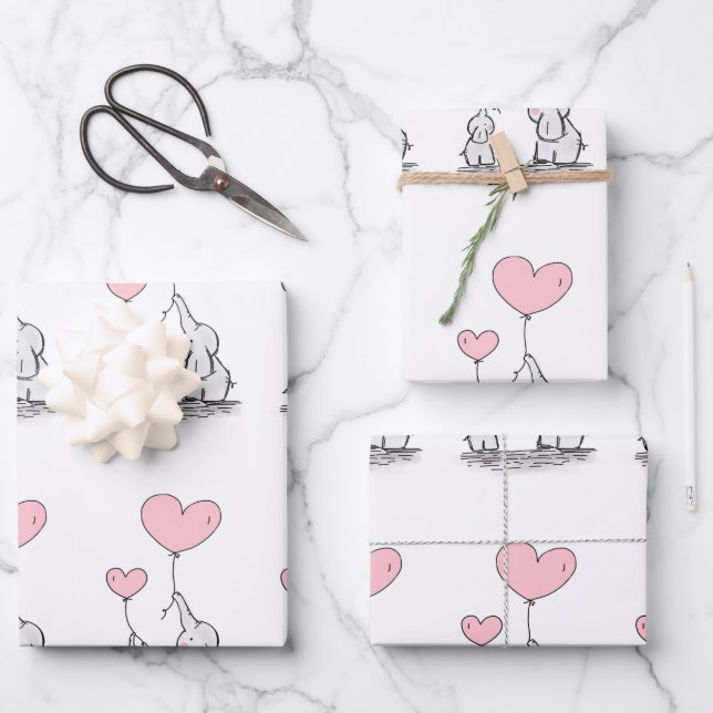 Elephant Family With Pink Heart Balloons Wrapping Paper Sheets (Front)