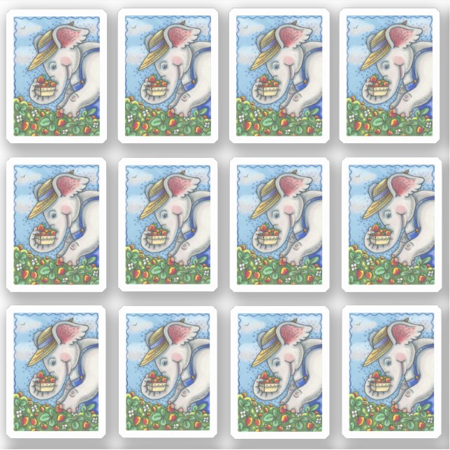 ELEPHANT FARM PICKING STRAWBERRIES IN BIB OVERALLS STICKER (Front)