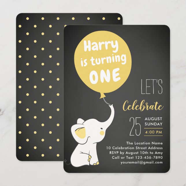 Elephant First Birthday | 1st Birthday Party Invitation (Front/Back)