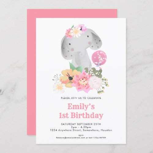 Elephant First Birthday Girl Jungle Pink Party Invitation