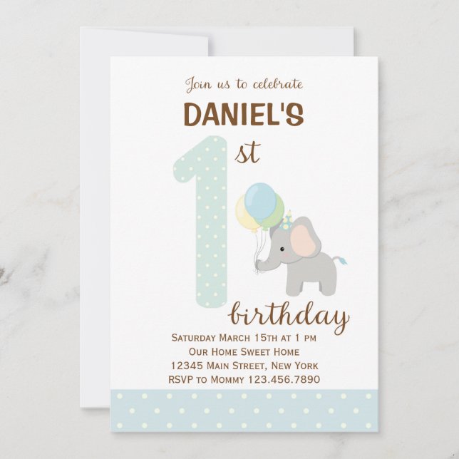 Elephant First Birthday Invitation (Blue) (Front)