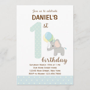 Elephant First Birthday Invitation (Blue)