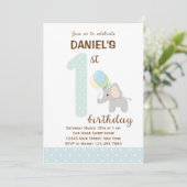 Elephant First Birthday Invitation (Blue) (Standing Front)