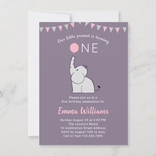 Elephant First Birthday Party Invitation for Girl