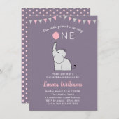 Elephant First Birthday Party Invitation for Girl (Front/Back)