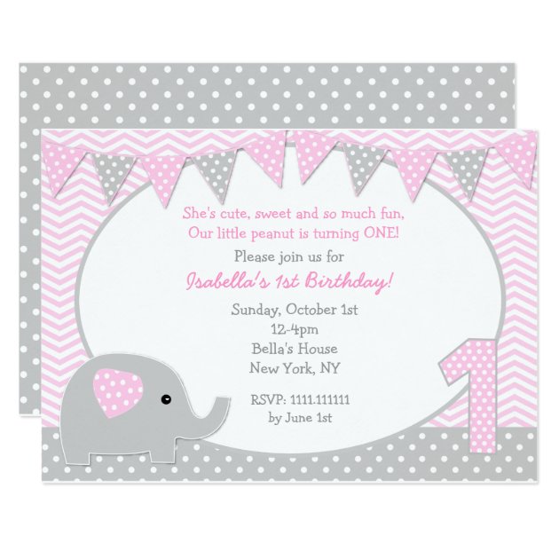 Elephant First Birthday Party Invitations