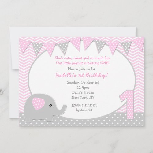 Elephant First Birthday Party Invitations