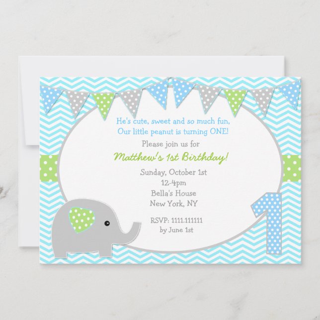 Elephant First Birthday Party Invitations (Front)