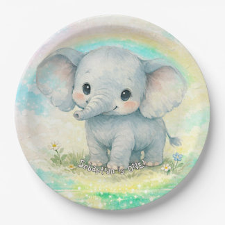 Elephant First Birthday Rainbow Pink Pastel Boy Paper Plates