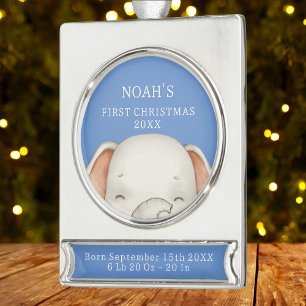 Elephant First Christmas Blue Baby Boy Birth Stats Silver Plated Banner Ornament
