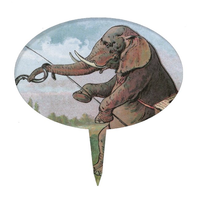 Elephant fisherman fishing Illustration Cake Topper (Front)