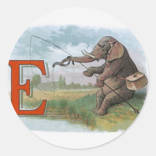 Elephant fisherman fishing Illustration Classic Round Sticker