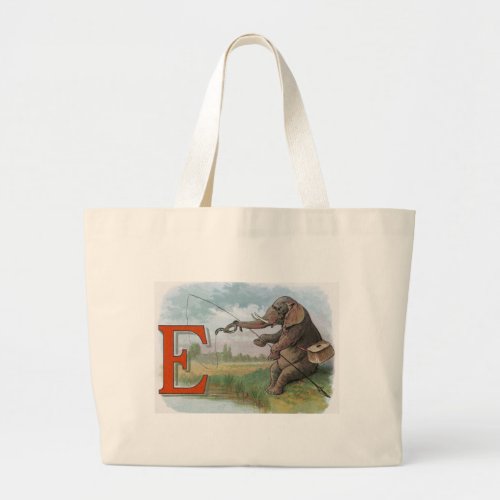 Elephant fisherman fishing Illustration Large Tote Bag