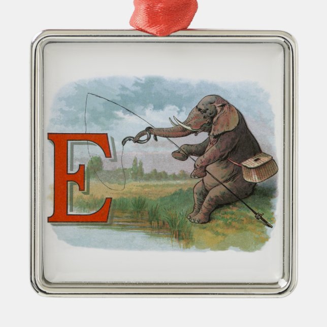 Elephant fisherman fishing Illustration Metal Ornament (Front)