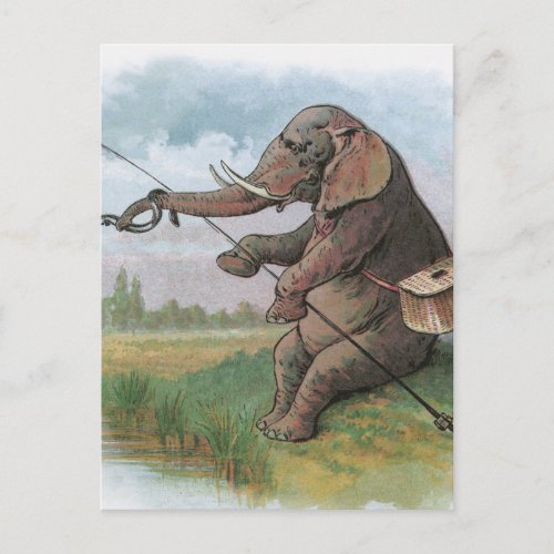 Elephant fisherman fishing Illustration Postcard