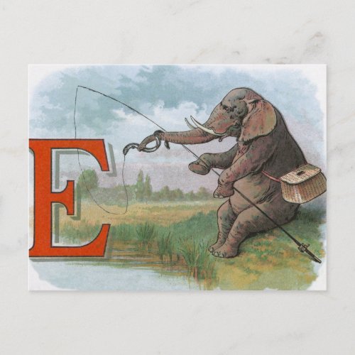 Elephant fisherman fishing Illustration Postcard