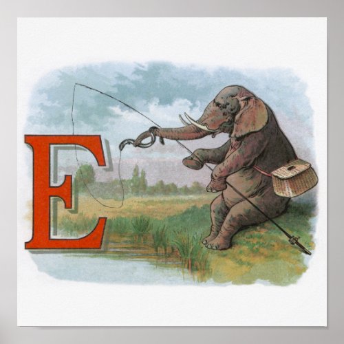 Elephant fisherman fishing Illustration Poster