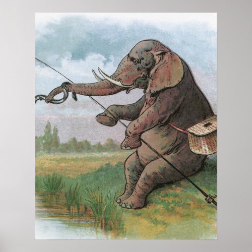Elephant fisherman fishing Illustration Poster