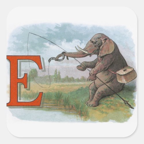 Elephant fisherman fishing Illustration Square Sticker
