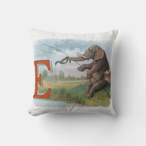 Elephant fisherman fishing Illustration Throw Pillow