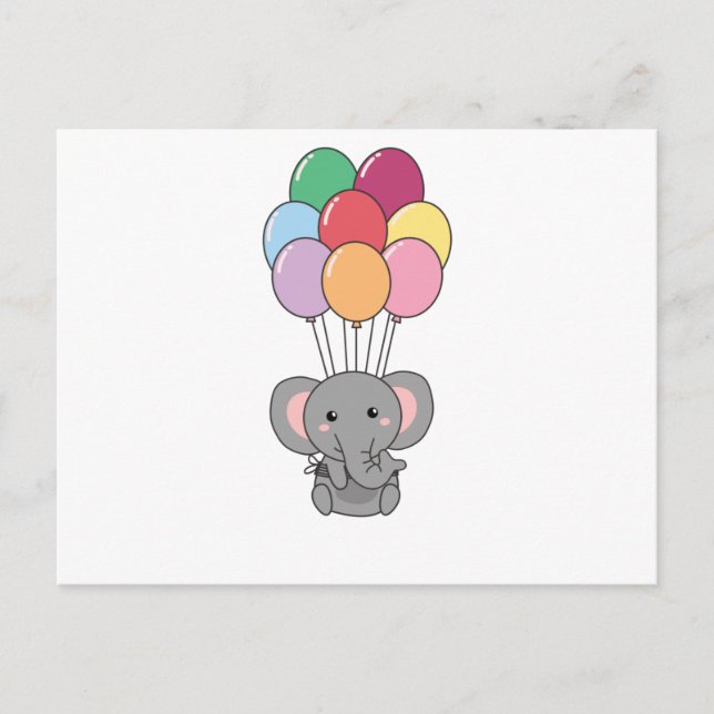 Elephant Flies Up With Colorful Balloons Postcard (Front)
