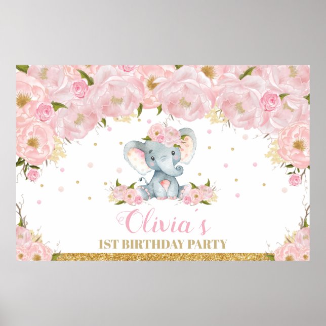 Elephant Floral 1st Birthday Party Backdrop Banner Poster (Front)
