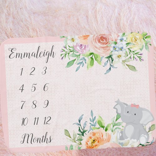 Elephant Floral Baby Girl Milestone Baby Blanket