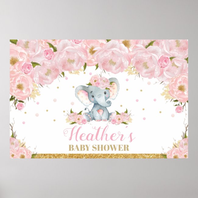 Elephant Floral Baby Shower Backdrop Banner Poster