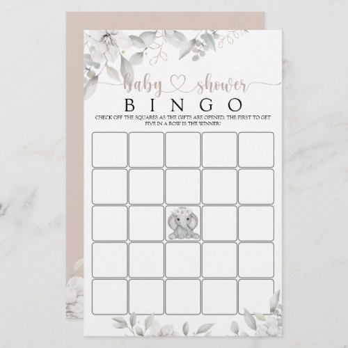 Elephant Floral Baby Shower Bingo game 