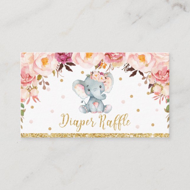 Elephant Floral Baby Shower Diaper Raffle Ticket E Enclosure Card (Front)