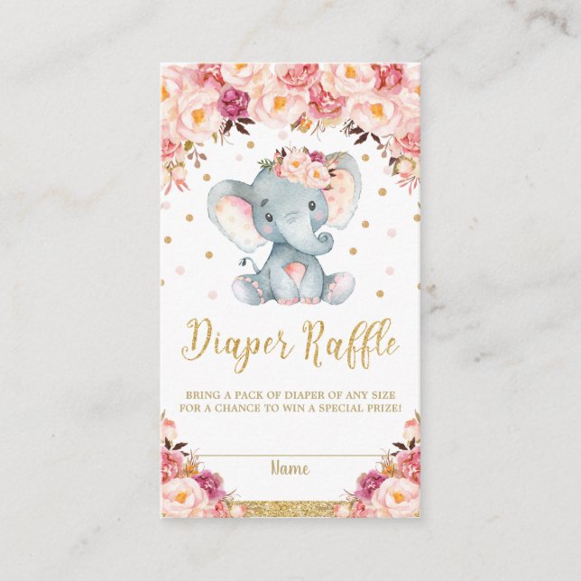 Elephant Floral Baby Shower Diaper Raffle Ticket Enclosure Card (Front)