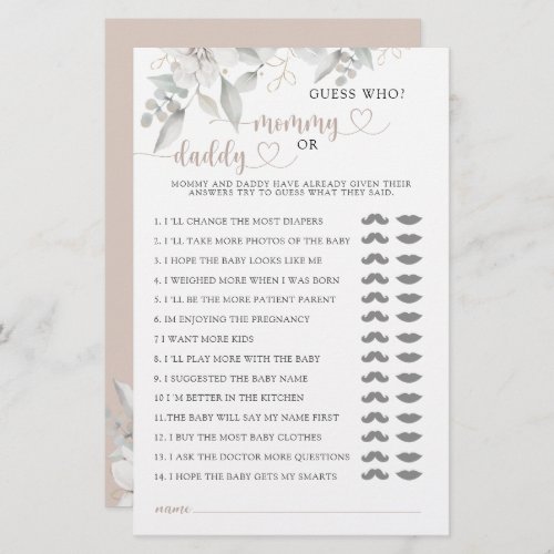 Elephant Floral Baby shower game mommy or daddy