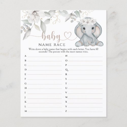 Elephant Floral Baby Shower game Name Race