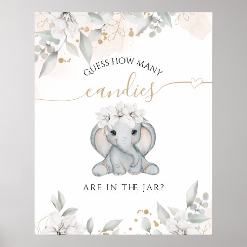 Elephant Floral Baby Shower Guess how Game Poster