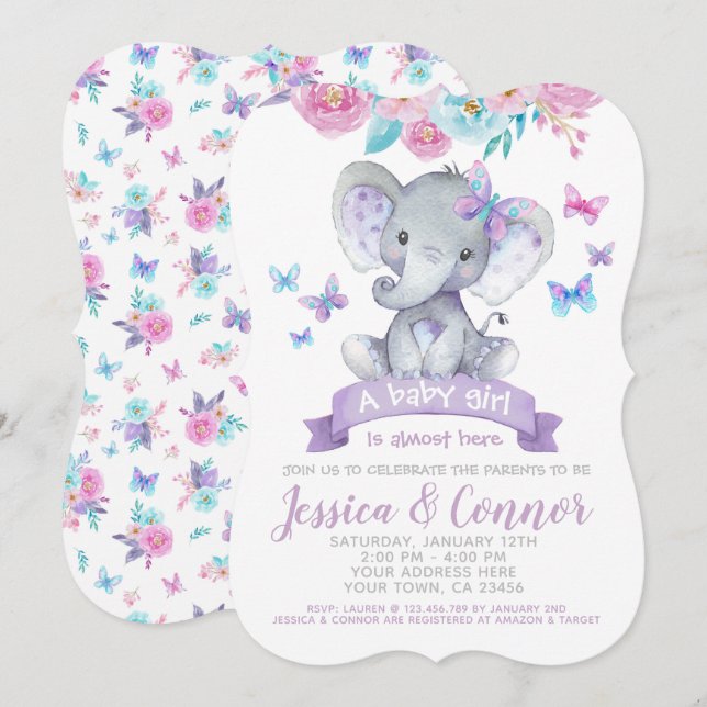 Elephant Floral Baby Shower Invitation (Front/Back)