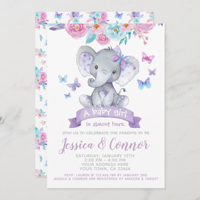 Elephant Floral Baby Shower Invitation (Front/Back)