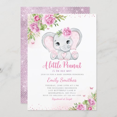 Elephant Floral Baby Shower Invitation Girl