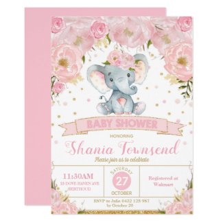 Elephant Floral Baby Shower Invitation Girl