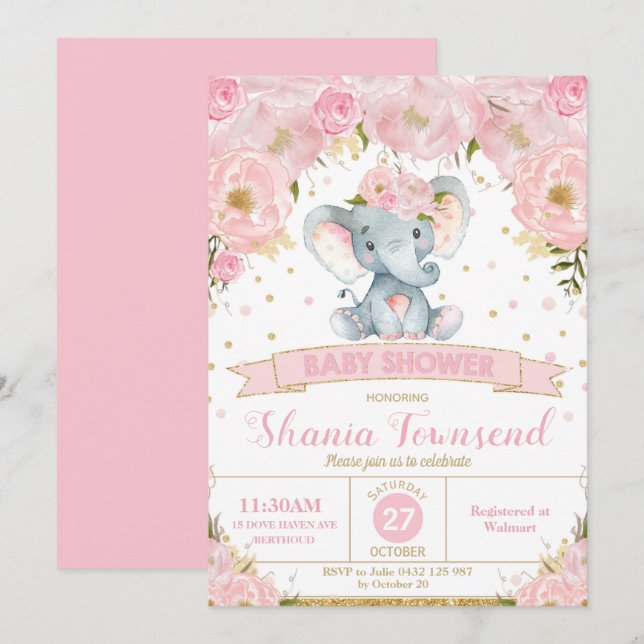 Elephant Floral Baby Shower Invitation Girl (Front/Back)