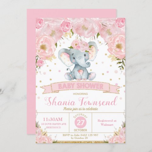 Elephant Floral Baby Shower Invitation Girl