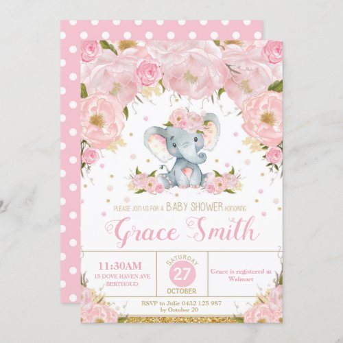 Elephant Floral Baby Shower Invitation Girl