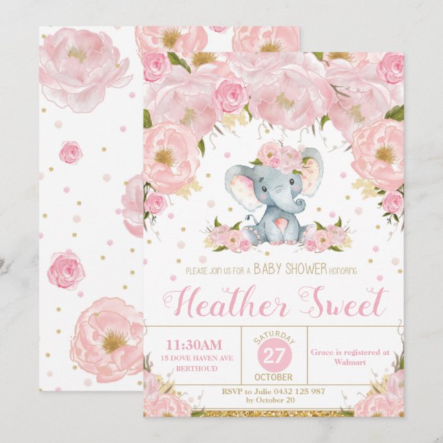 Elephant Floral Baby Shower Invitation Girl (Front/Back)