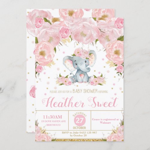 Elephant Floral Baby Shower Invitation Girl