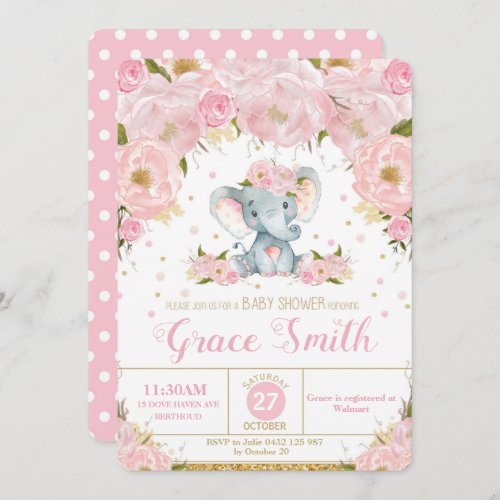 Elephant Floral Baby Shower Invitation Girl